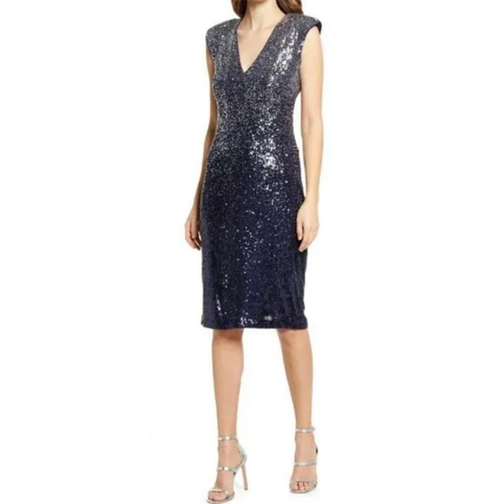 Eliza J Navy Blue Sequin Extended Shoulder V-Neck Sheath Dress